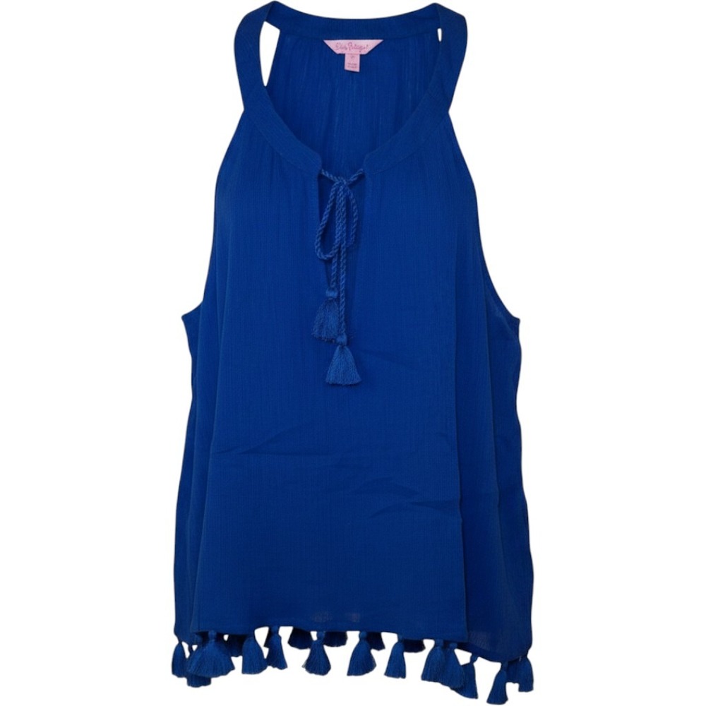 Lilly Pulitzer Roxi Blue  tassel Summer Tank Top size XL Boho 100%Cotton